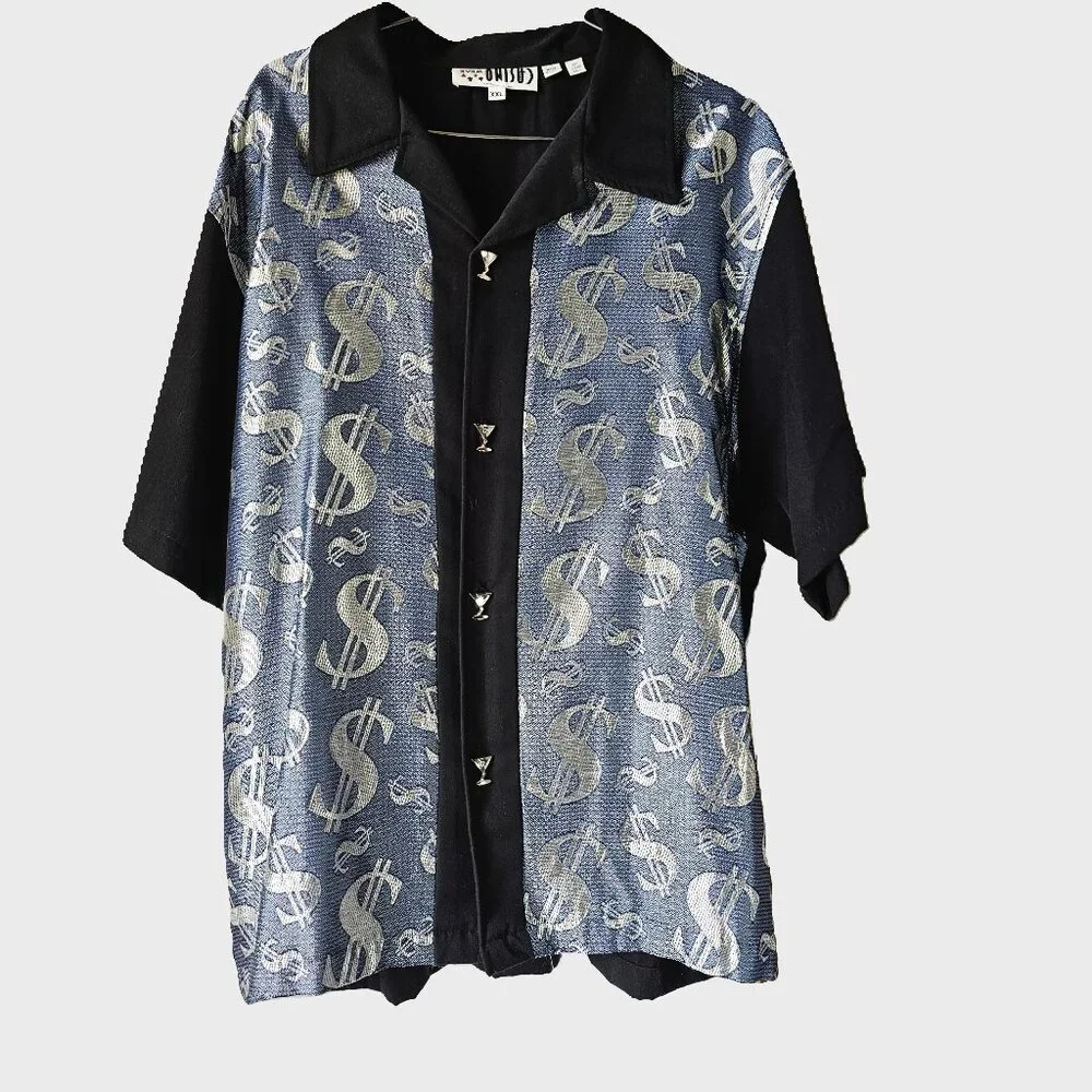 Casino Wear Black Short Sleeve Shirt w/ Blue/Silver Metallic $$ Panels XXL - Picture 1 of 4